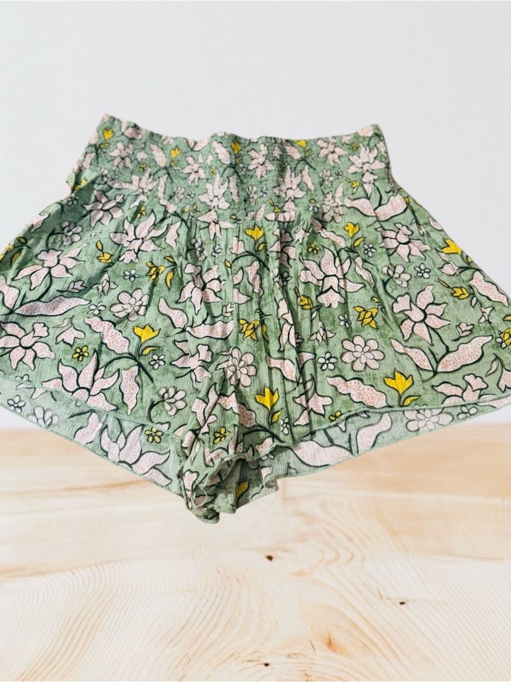 aerie Green Floral High-Waist Shorts with Pink & Yellow Accents